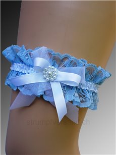 Strumpfband mit Schleife und Perlen - blau/weiss